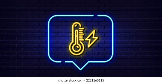 Neon light speech bubble. Electricity power line icon. Lightning bolt with thermometer sign. Electric energy symbol. Neon light background. Electricity power glow line. Brick wall banner. Vector