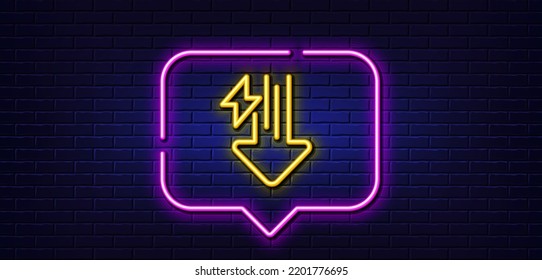 Neon light speech bubble. Energy line icon. Thunderbolt sign. Power consumption symbol. Neon light background. Energy drops glow line. Brick wall banner. Vector
