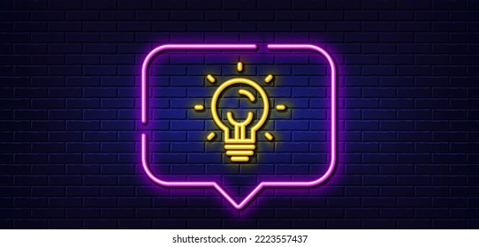 Neon light speech bubble. Energy line icon. Lightbulb sign. Electric power symbol. Neon light background. Energy glow line. Brick wall banner. Vector