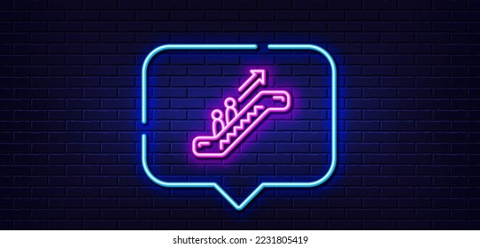 Neon light speech bubble. Escalator line icon. Elevator sign. Shopping stairway symbol. Neon light background. Escalator glow line. Brick wall banner. Vector