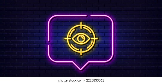 Neon light speech bubble. Eye target line icon. Oculist clinic sign. Optometry vision symbol. Neon light background. Eye target glow line. Brick wall banner. Vector