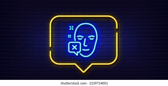 Neon light speech bubble. Face declined line icon. Human profile sign. Facial identification error symbol. Neon light background. Face declined glow line. Brick wall banner. Vector