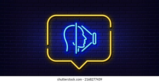 Burbuja de habla de luz neón. Icono de la línea de exploración facial. Signo de identificación de la cara del teléfono. Símbolo de reconocimiento de cabezal. Fondo neón de luz. Línea de brillo de la cara. Banner de pared de ladrillo. Vector