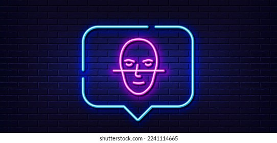 Neon light speech bubble. Face recognition line icon. Faces biometrics sign. Head scanning symbol. Neon light background. Face recognition glow line. Brick wall banner. Vector