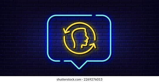 Burbuja de habla de luz neón. Icono de la línea de repetición de exploración facial. Signo de actualización de id. de cara. Símbolo de cabeza. Fondo neón de luz. Línea de brillo de la cara. Banner de pared de ladrillo. Vector