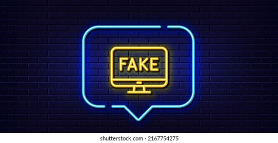 Neon Light Speech Bubble. Fake News Line Icon. Propaganda Conspiracy Tv Sign. Wrong Truth Symbol. Neon Light Background. Fake News Glow Line. Brick Wall Banner. Vector