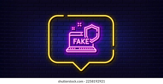 Neon light speech bubble. Fake internet line icon. Web propaganda sign. Wrong truth symbol. Neon light background. Fake internet glow line. Brick wall banner. Vector