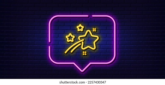 Neon light speech bubble. Falling star line icon. Night sign. Firework symbol. Neon light background. Falling star glow line. Brick wall banner. Vector