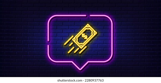 Neon light speech bubble. Fast payment line icon. Dollar exchange sign. Finance symbol. Neon light background. Fast payment glow line. Brick wall banner. Vector