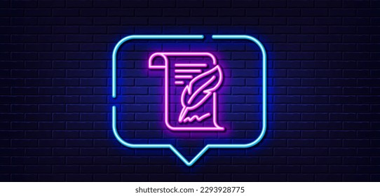 Neon light speech bubble. Feather signature line icon. Copywriting sign. Feedback symbol. Neon light background. Feather glow line. Brick wall banner. Vector