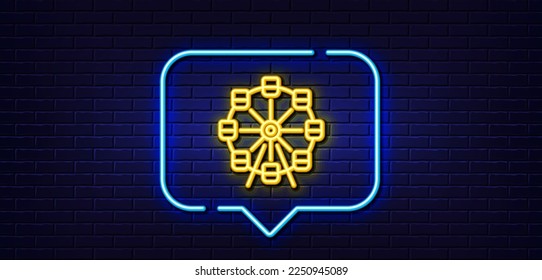 Neon light speech bubble. Ferris wheel line icon. Amusement park sign. Carousels symbol. Neon light background. Ferris wheel glow line. Brick wall banner. Vector