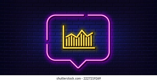Burbuja de habla de luz neón. Icono de línea de gráfico financiero. Signo gráfico económico. Símbolo de bolsa. Inversión empresarial. Fondo neón de luz. Línea de brillo del diagrama de dinero. Banner de pared de ladrillo. Vector