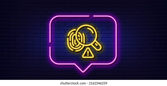 Burbuja de habla de luz neón. Icono de línea de huella digital. Signo de exploración de impresión de dedo. Símbolo de identidad biométrica. Fondo neón de luz. Línea de brillo de huellas digitales. Banner de pared de ladrillo. Vector