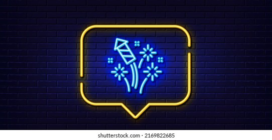 Neon light speech bubble. Fireworks rocket line icon. Pyrotechnic salute sign. Carnival celebration lights symbol. Neon light background. Fireworks rocket glow line. Brick wall banner. Vector