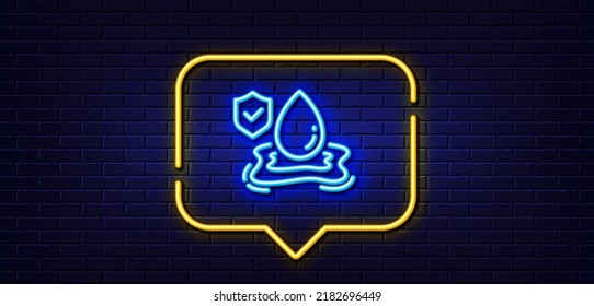 Burbuja de habla de luz neón. Icono de línea de seguro contra inundaciones. Signo de cobertura de riesgo de inundación. Símbolo de protección contra caídas de agua. Fondo neón de luz. Línea de resplandor del seguro de inundación. Banner de pared de ladrillo. Vector