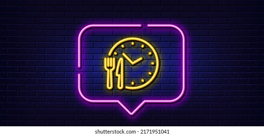 Neon light speech bubble. Food time line icon. Meal order clock sign. Restaurant opening hours symbol. Neon light background. Food time glow line. Brick wall banner. Vector
