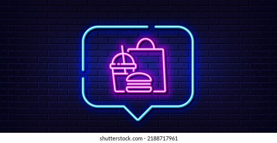 Neon light speech bubble. Food delivery line icon. Meal order sign. Fast food symbol. Neon light background. Fast food glow line. Brick wall banner. Vector