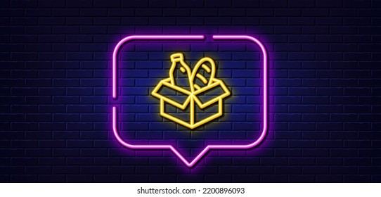 Neon light speech bubble. Food donation line icon. Charity box sign. Charitable organization symbol. Neon light background. Food donation glow line. Brick wall banner. Vector