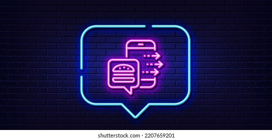 Neon Light Speech Bubble. Food Order Line Icon. Meal Delivery App Sign. Online Catering Service Symbol. Neon Light Background. Food Order Glow Line. Brick Wall Banner. Vector