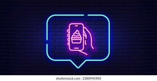 Neon light speech bubble. Food app line icon. Hand hold phone sign. Cellphone with screen notification symbol. Neon light background. Food app glow line. Brick wall banner. Vector