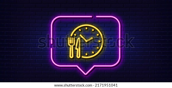 Neon light speech\
bubble. Food time line icon. Meal order clock sign. Restaurant\
opening hours symbol. Neon light background. Food time glow line.\
Brick wall banner. Vector