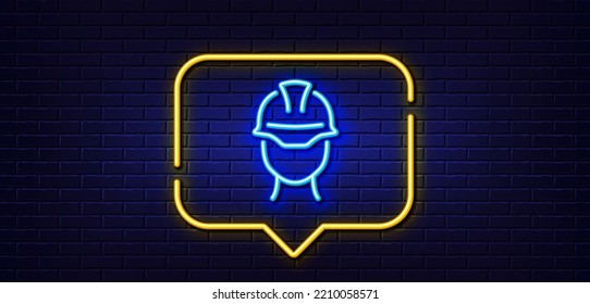 Neon light speech bubble. Foreman line icon. Engineer or architect sign. Construction helmet symbol. Neon light background. Foreman glow line. Brick wall banner. Vector