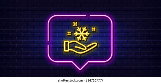 Neon light speech bubble  Freezing hand line icon  AC cold temperature sign  Fridge function symbol  Neon light background  Freezing glow line  Brick wall banner  Vector