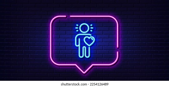Neon light speech bubble. Friend line icon. Friendship love sign. Assistance business symbol. Neon light background. Friend glow line. Brick wall banner. Vector