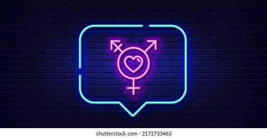 Neon light speech bubble. Genders line icon. Inclusion sign. Gender diversity symbol. Neon light background. Genders glow line. Brick wall banner. Vector