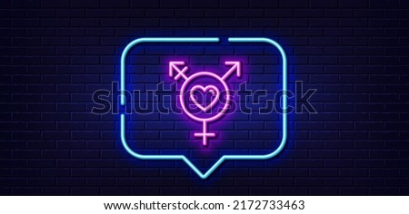 Neon light speech bubble. Genders line icon. Inclusion sign. Gender diversity symbol. Neon light background. Genders glow line. Brick wall banner. Vector