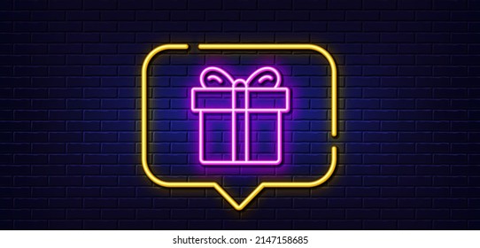 Neon light speech bubble. Gift box line icon. Present or Sale sign. Birthday Shopping symbol. Package in Gift Wrap. Neon light background. Gift box glow line. Brick wall banner. Vector