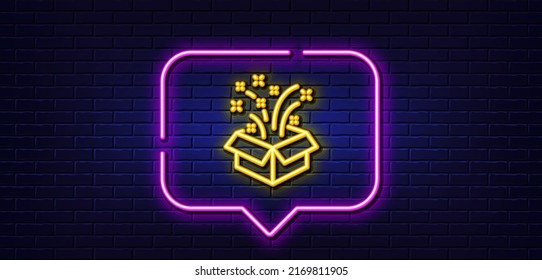 Neon light speech bubble. Gift box open line icon. Christmas or New year presents sign. Surprise symbol. Neon light background. Gift glow line. Brick wall banner. Vector