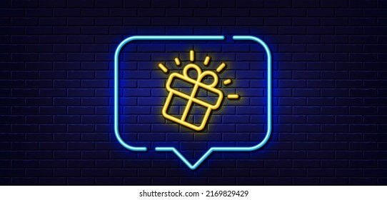 Neon Light-Sprechblase. Gift-Linie-Symbol. Vorliegendes Kästchen-Zeichen. Markenmarketing-Symbol. Neoner heller Hintergrund. Gift Glühlinie. Brick-Wand-Banner. Vektorgrafik