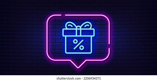 Neon light speech bubble. Gift box with Percentage line icon. Present or Sale sign. Birthday Shopping symbol. Package in Gift Wrap. Neon light background. Discount offer glow line. Vector