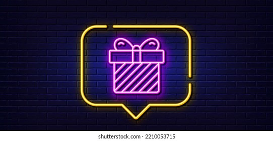 Neon Light-Sprechblase. Geschenkbox-Zeilensymbol. Vorliegendes oder Verkaufszeichen. Geburtstag Shopping Symbol. Paket in Geschenkwrap. Neoner heller Hintergrund. Überrasante Glühlinie. Brick-Wand-Banner. Vektorgrafik
