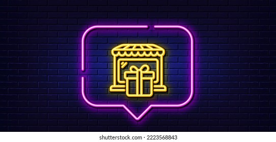 Neon light speech bubble. Gift shop line icon. Souvenirs market sign. Retail marketplace symbol. Neon light background. Gift shop glow line. Brick wall banner. Vector
