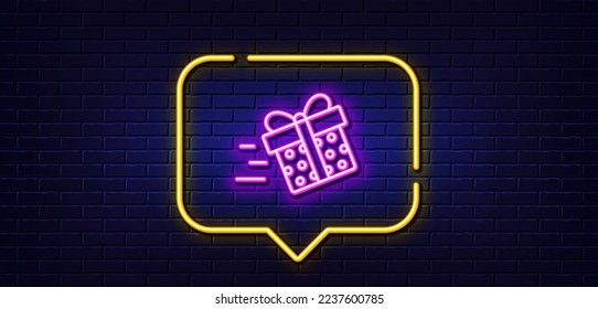 Neon light speech bubble. Gift box Delivery line icon. Present or Sale sign. Birthday Shopping symbol. Package in Gift Wrap. Neon light background. Present delivery glow line. Vector