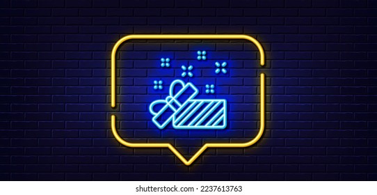 Neon light speech bubble. Gift box open line icon. Christmas or New year present sign. Surprise symbol. Neon light background. Present glow line. Brick wall banner. Vector