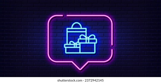 Neon light speech bubble. Gift boxes with bag line icon. Present or Sale sign. Birthday Shopping symbol. Package in Gift Wrap. Neon light background. Shopping glow line. Brick wall banner. Vector