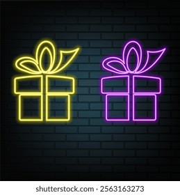Neon light speech bubble. Gift box Delivery line icon. Present or Sale sign. Birthday Shopping symbol. Package in Gift Wrap. Neon light background. Present delivery glow line. Vector.