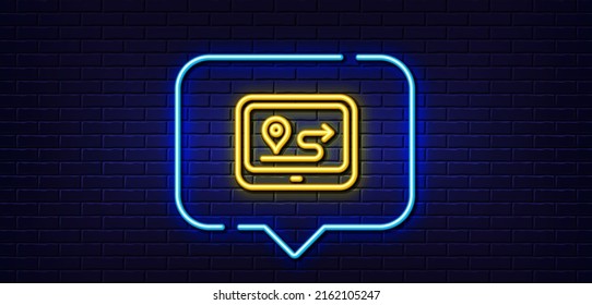 Neon light speech bubble. GPS route line icon. Road path sign. Journey map device symbol. Neon light background. Gps glow line. Brick wall banner. Vector