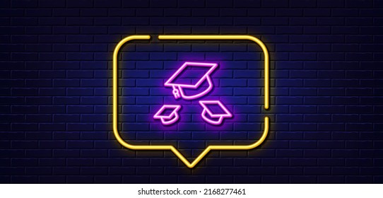 Neon Light-Sprechblase. Symbol für die Graduationskappen-Linie. Bildungszeichen. Schüler-Hut-Symbol. Neoner heller Hintergrund. Wirbel hat eine glatte Linie. Brick-Wand-Banner. Vektorgrafik