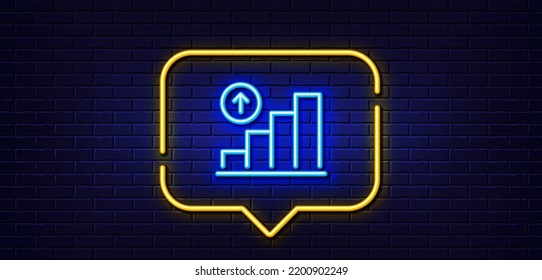 Neon light speech bubble. Graph line icon. Column chart sign. Growth diagram symbol. Neon light background. Graph chart glow line. Brick wall banner. Vector
