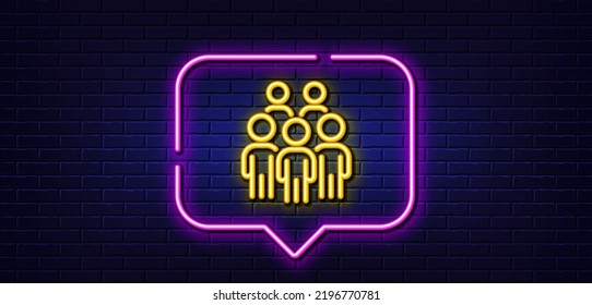 Neon Light Speech Bubble. Group People Line Icon. Business Conference Sign. Team Meeting Symbol. Neon Light Background. Group People Glow Line. Brick Wall Banner. Vector