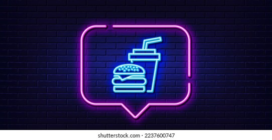 Neon light speech bubble. Hamburger with drink line icon. Fast food restaurant sign. Hamburger or cheeseburger symbol. Neon light background. Hamburger glow line. Brick wall banner. Vector