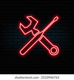 Neon light speech bubble. Hammer and screwdriver line icon. Repair service sign. Fix instruments symbol. Neon light background. Hammer tool glow line. Brick wall banner. Vector.red.