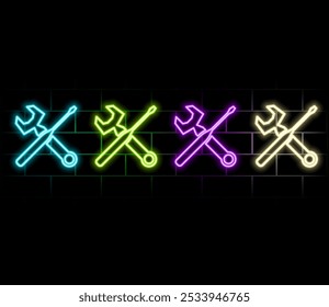 Neon light speech bubble. Hammer and screwdriver line icon. Repair service sign. Fix instruments symbol. Neon light background. Hammer tool glow line. Brick wall banner. Vector.green.