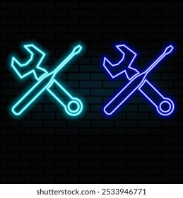Neon light speech bubble. Hammer and screwdriver line icon. Repair service sign. Fix instruments symbol. Neon light background. Hammer tool glow line. Brick wall banner. Vector.blue.