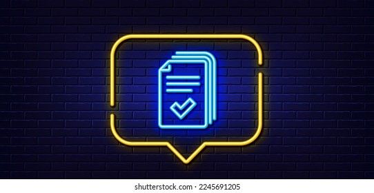 Burbuja de habla de luz neón. Icono de línea de documento. Signo de ejemplo de documentos. Fondo neón de luz. Línea de brillo sin mango. Banner de pared de ladrillo. Vector