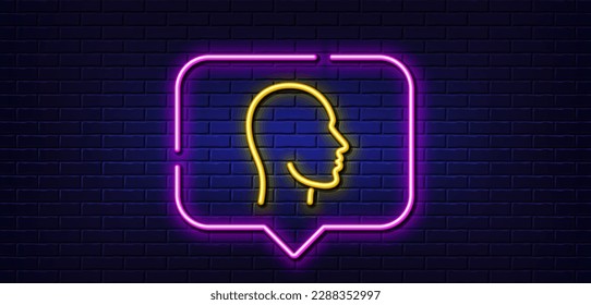 Neon light speech bubble. Head line icon. Human profile sign. Facial identification symbol. Neon light background. Head glow line. Brick wall banner. Vector